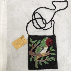 Ermo -Parrot- Micro Beaded Evening Bag-Crossbody- Black w/Green, Red, White